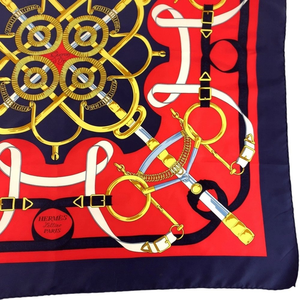 HERMES Hermes Golden Spur Carre 90 Red Navy Silk Scarf Muffler for Women - Picture 8 of 8